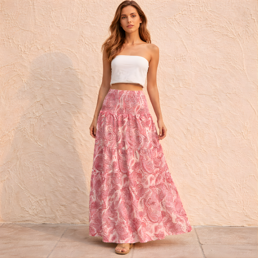 FJØRNA high waist maxi skirt for women featuring a vibrant paisley print and flowing design, perfect for stylish casual wear.