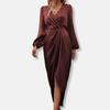 FJØRNA elegant midi dress for women with V-neck and long sleeves, featuring a stylish and sophisticated design.