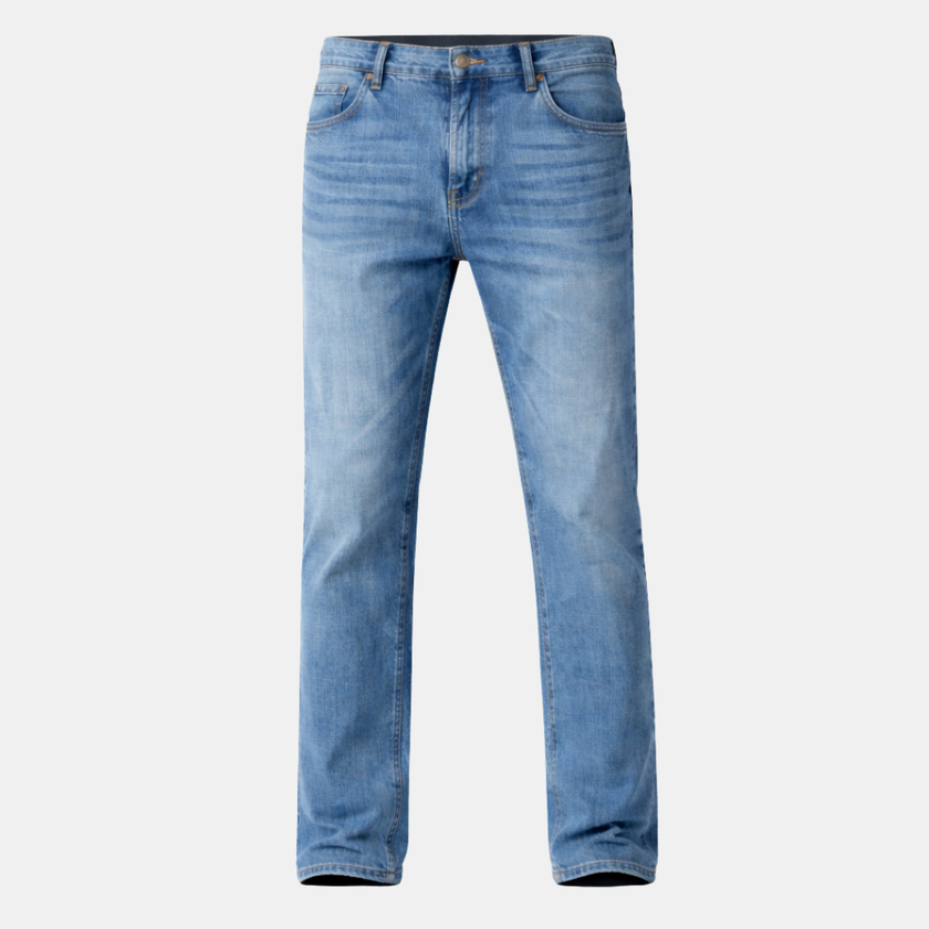 Men's lightweight casual straight leg jeans by FJØRNA, showing the fit and denim fabric in a relaxed style.