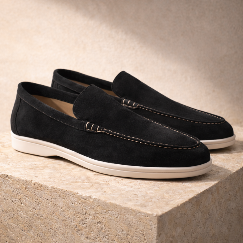 FJØRNA men's suede slip-on loafers shoes with classic design and comfortable fit, shown in a close-up view.