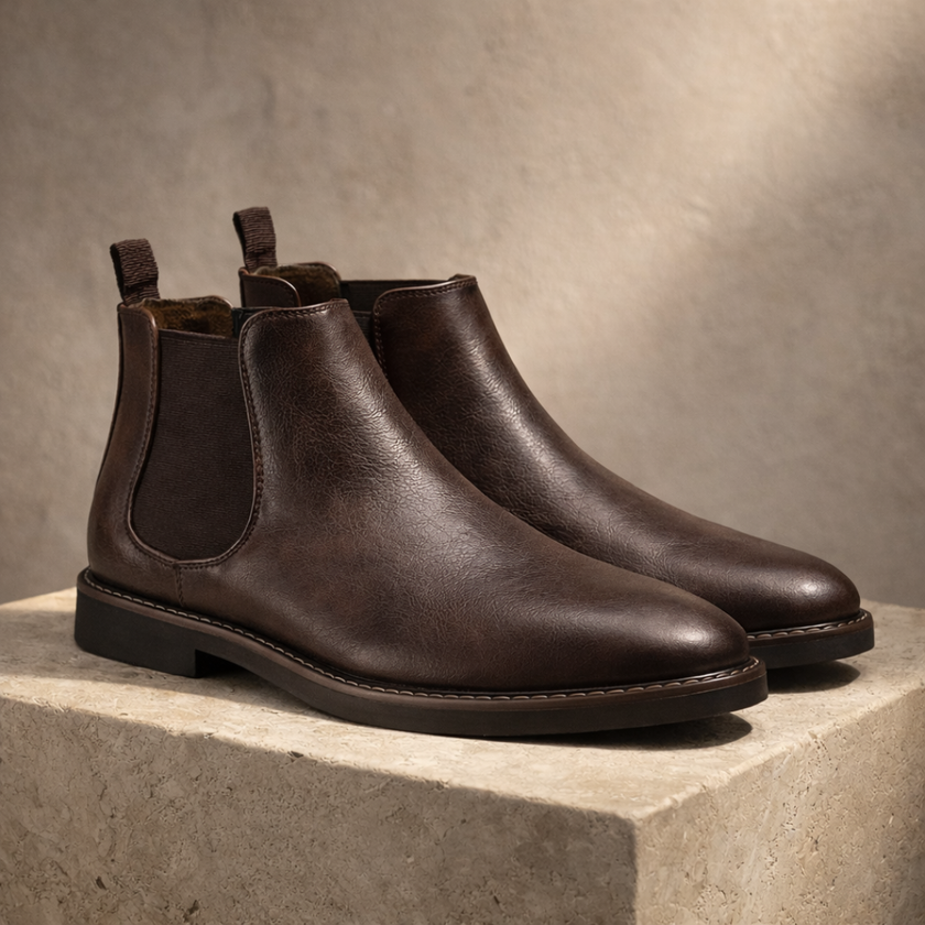 FJØRNA men's leather Chelsea boots, stylish black shoes with elastic side panels and a sleek ankle design.