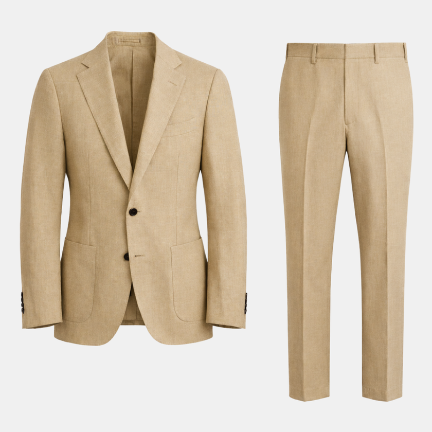 FJØRNA two-piece men's suit set featuring a tailored blazer and matching trousers, stylish formal wear for men.