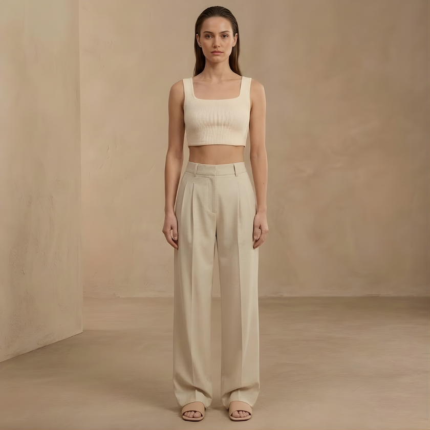 FJØRNA wide leg high waist pleated women's pants displayed on a model, showcasing the relaxed fit and stylish design.