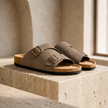FJØRNA red suede men's sandals with cushioned soles, stylish open-toe shoes perfect for summer wear.
