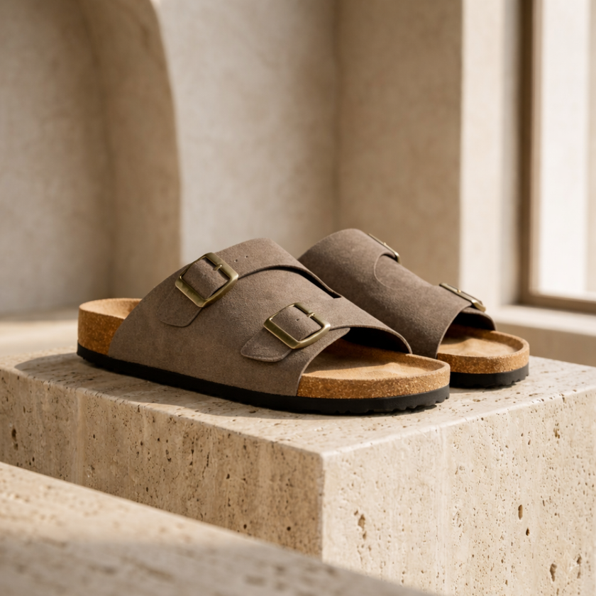 FJØRNA red suede men's sandals with cushioned soles, stylish open-toe shoes perfect for summer wear.