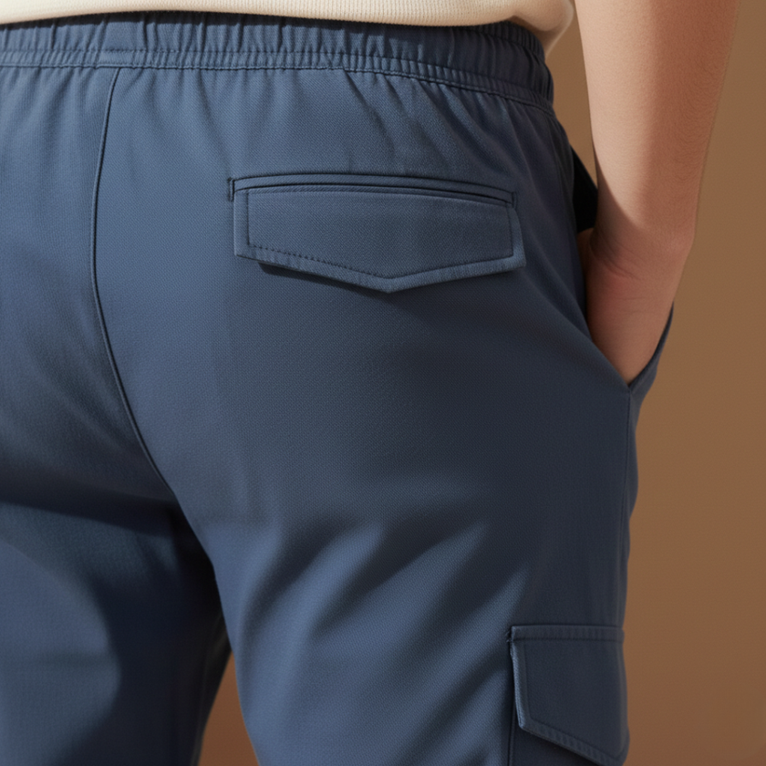 FJØRNA men's cargo trousers with drawstring waist and relaxed fit, casual pants designed for comfort and everyday wear.