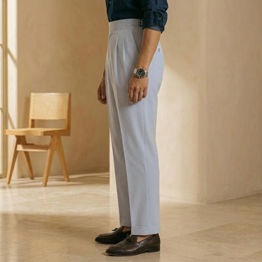 FJØRNA men's high waist straight leg tailored pants, stylish and fitted for a modern look, shown in a natural pose.