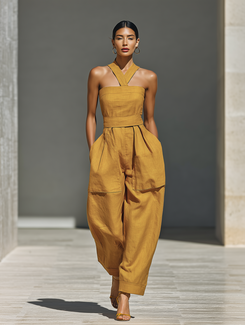 FJØRNA mustard linen-blend women's jumpsuit with crisscross neckline, relaxed fit, wide-leg pants, stylish and comfortable.