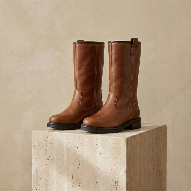 Women's Lined Leather Boots Brown Mid Calf Classic Warm Winter UK