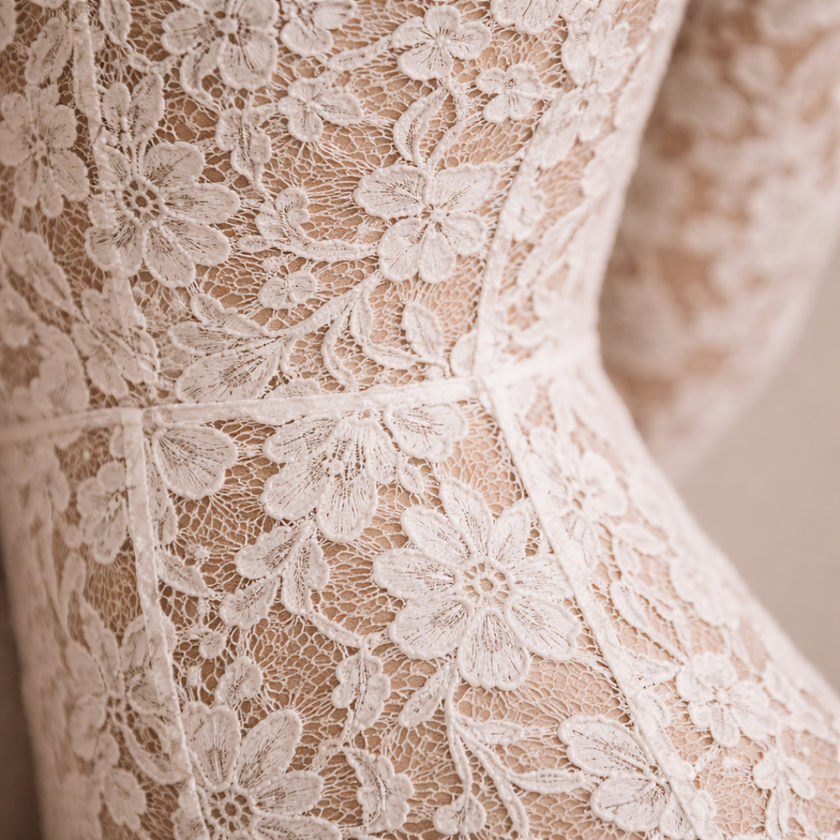 Ivory lace midi dress for women with high neck by FJØRNA, featuring elegant lace details and a fitted silhouette.