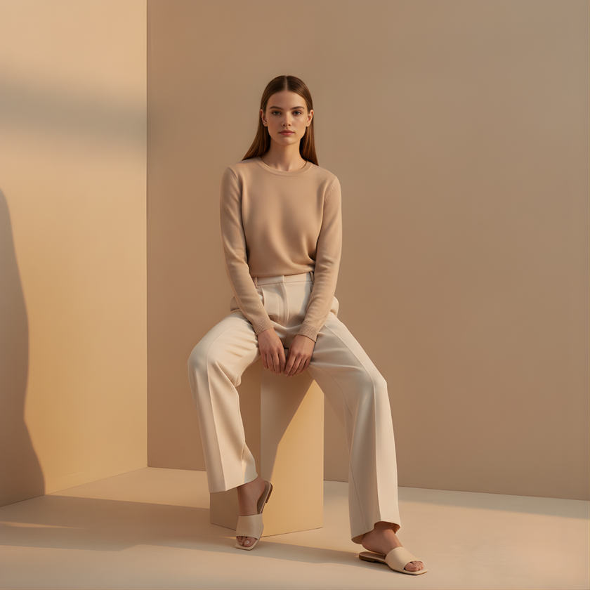FJØRNA women's relaxed fit straight leg trousers in neutral fabric, styled for casual or professional wear.