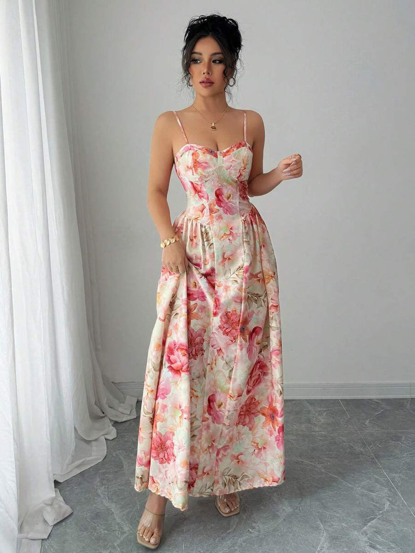 White sleeveless V-neck corset gown by FJØRNA, elegant maxi dress with fitted bodice and flowing skirt, perfect for formal occasions