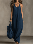 Olive green FJØRNA knit sleeveless maxi dress with casual fit, flowing fabric, and V-neck design, perfect for relaxed summer wear.