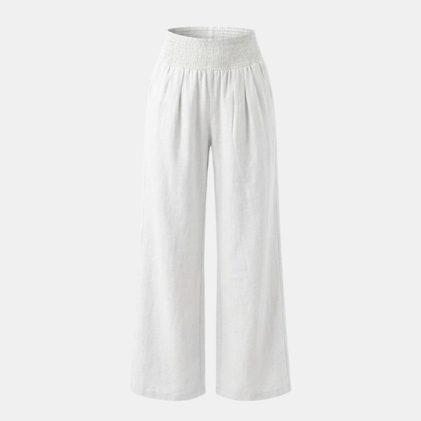 FJØRNA women's linen blend wide-leg trousers with elastic waist, relaxed fit and casual style, shown in beige fabric.