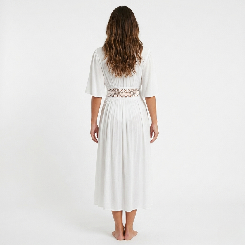 Women's FJØRNA tie waist cover-up maxi dress with breathable woven fabric, flowing silhouette, and stylish design.