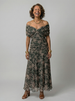 FJØRNA elegant off-shoulder midi dress for women, bodycon fit, showcasing a stylish and sophisticated design with a smooth fabric finish.