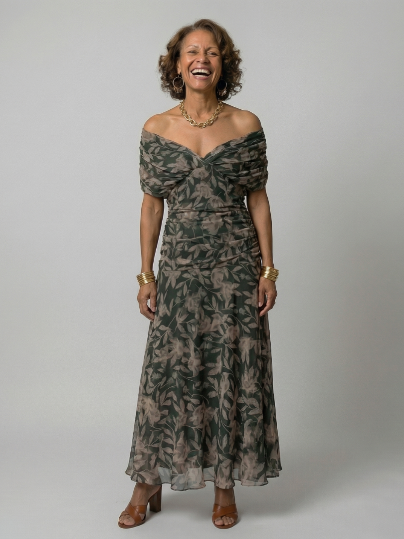 FJØRNA elegant off-shoulder midi dress for women, bodycon fit, showcasing a stylish and sophisticated design with a smooth fabric finish.
