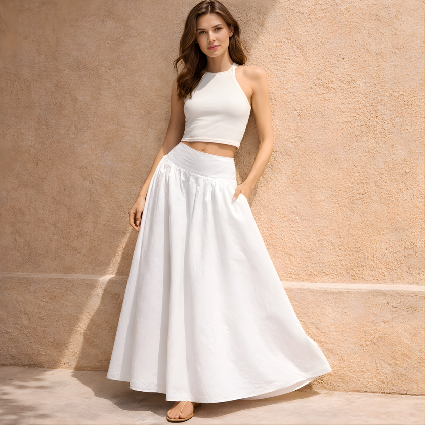 FJØRNA women's high waist maxi skirt with relaxed fit, flowing fabric, and elegant style, perfect for casual or dressy occasions.