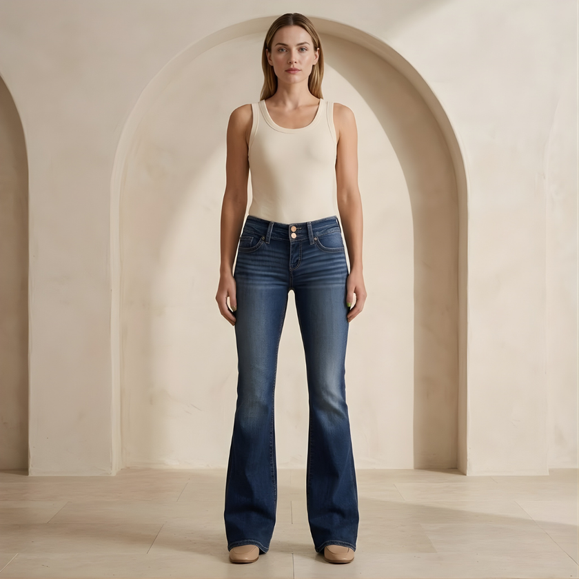 Women’s mid waist slim fit flared jeans by FJØRNA, stretch denim pants for women with a stylish flared design.