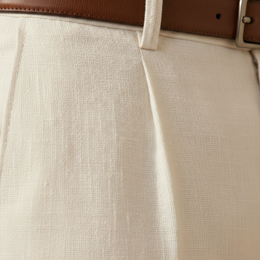 FJØRNA men's linen blend straight leg trousers with relaxed fit, shown in a natural fabric texture and classic pant style.