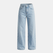 Women’s high waisted wide leg denim jeans by FJØRNA, featuring classic blue denim, high rise, and relaxed fit style.