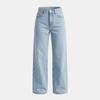 Women’s high waisted wide leg denim jeans by FJØRNA, featuring classic blue denim, high rise, and relaxed fit style.