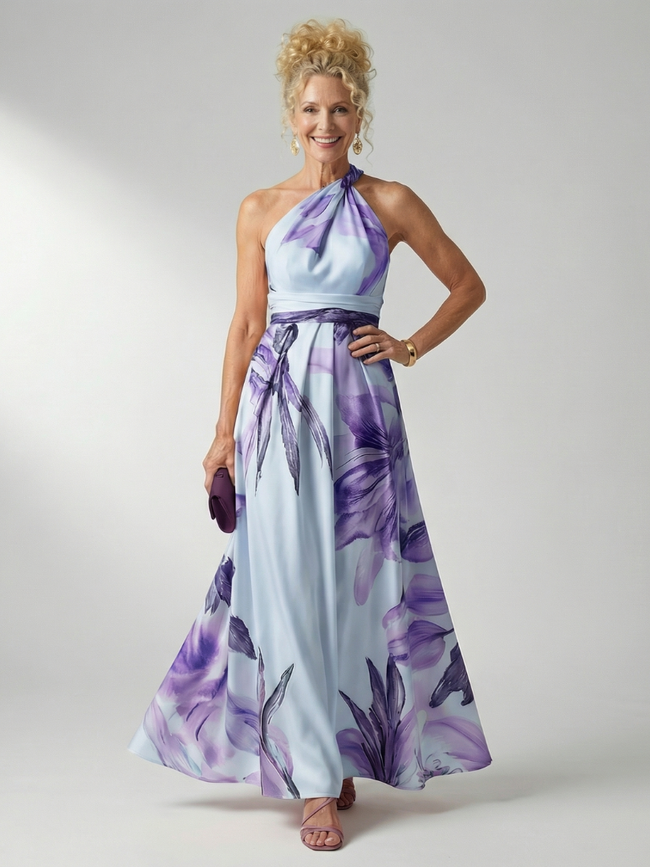 FJØRNA women's summer maxi dress with floral pattern, halter neck, sleeveless, relaxed fit, ideal for warm weather.