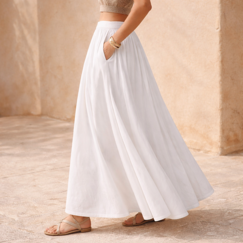 FJØRNA women's high waist maxi skirt, flowing fabric, full length, stylish and comfortable for casual or dressy wear.