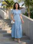 FJØRNA women's summer midi dress featuring short sleeves, wrap style, flowy fabric, and tailored fit in a stylish design.