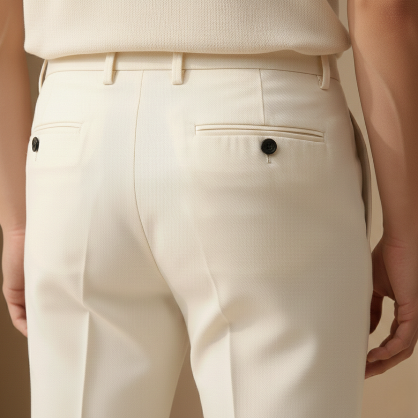 FJØRNA men's straight leg trousers with a relaxed fit, casual pants shown in a neutral color on a model.