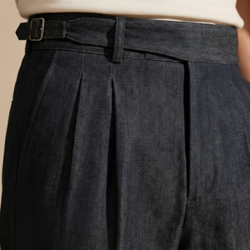 FJØRNA men's high waist straight leg trousers showing a tailored fit and classic design in neutral fabric.