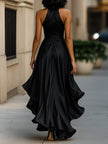 FJØRNA Midnight Elegance satin halter dress with ruffle details, stylish evening gown perfect for formal occasions.
