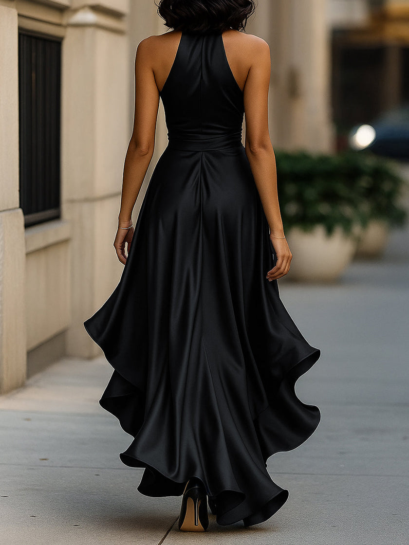 FJØRNA Midnight Elegance satin halter dress with ruffle details, stylish evening gown perfect for formal occasions.