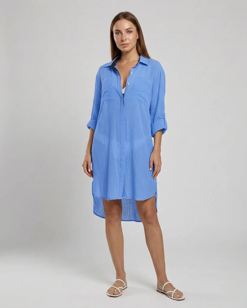 FJØRNA women's button-down cover-up mini dress with chest pockets, lightweight and stylish for beach or casual wear.