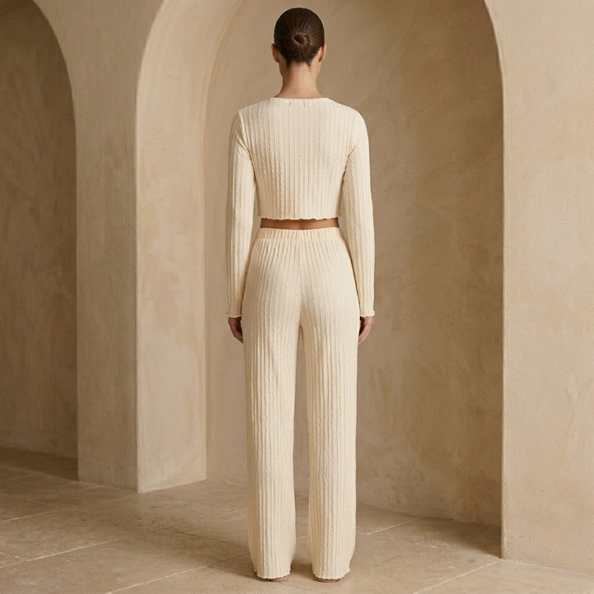Women’s soft knit lounge co-ord set by FJØRNA, featuring a cozy matching top and pants in a relaxed fit.