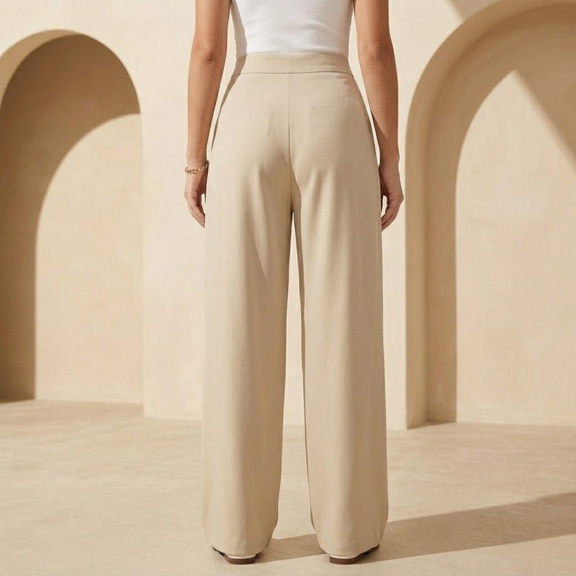 Women’s high waisted wide leg tailored trousers by FJØRNA, shown in a neutral color, styled for a sophisticated look.