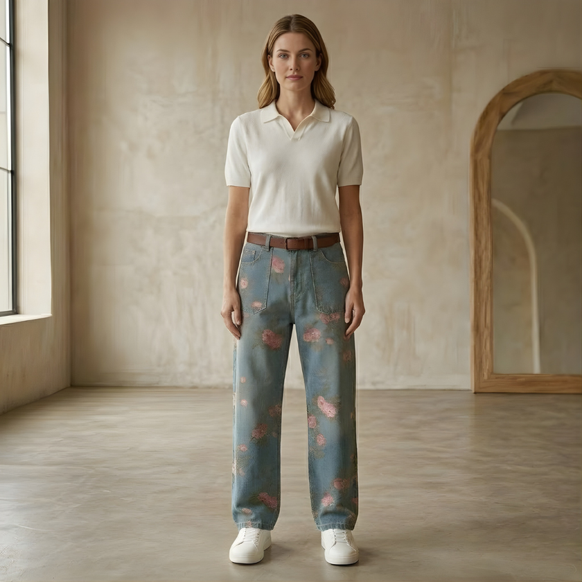 Men's denim jeans by FJØRNA with floral pattern, showcasing casual pants with stylish floral design on a classic denim fabric.