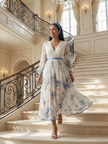 FJØRNA summer midi dress for women with floral pattern and long sleeves, lightweight and stylish for warm weather.