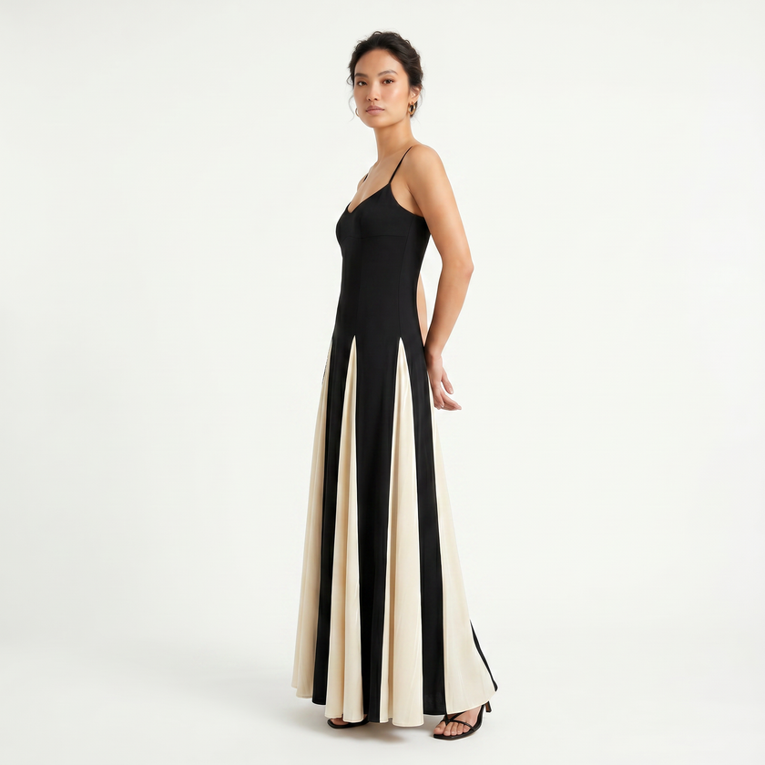FJØRNA women's spaghetti strap contrast color maxi dress featuring a flowing silhouette and sleeveless design.