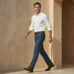Men's linen blend tailored straight leg trousers by FJØRNA, light-colored pants with a classic fit and smooth fabric.