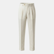 FJØRNA men's linen straight leg trousers with high waist and pleated design, shown in a natural fabric and relaxed fit style.