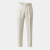 FJØRNA men's linen straight leg trousers with high waist and pleated design, shown in a natural fabric and relaxed fit style.