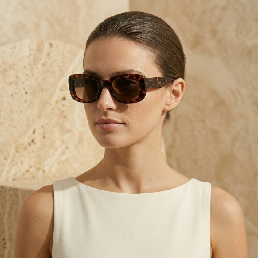 FJØRNA unisex retro rectangular sunglasses with dark lenses and thick frame, stylish accessories for women.