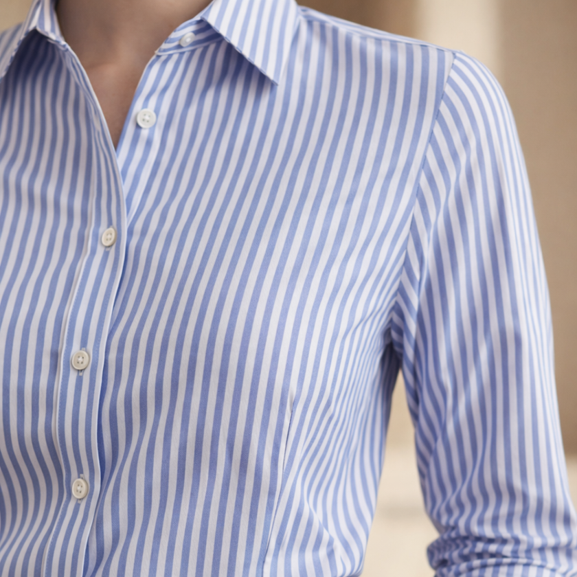 FJØRNA men's relaxed fit striped button-down shirt with long sleeves and collar, shown on a hanger.