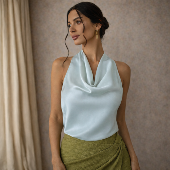 FJØRNA men's satin top, stylish and smooth, featuring a sleek design perfect for trendy casual or evening wear.