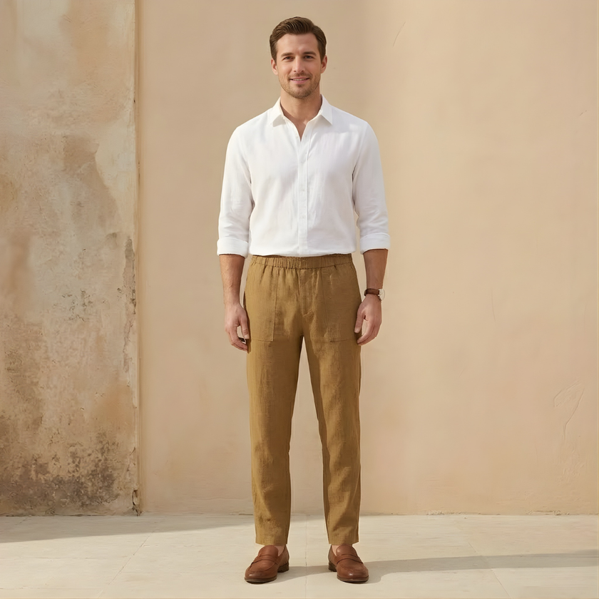 FJØRNA men's linen blend straight leg trousers with drawstring waist and relaxed fit, casual stylish pants for men.
