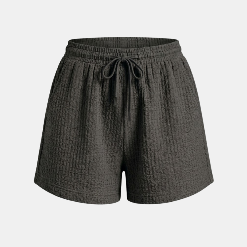 FJØRNA women's relaxed fit drawstring shorts, casual pants with an elastic waistband and comfortable fit, shown in a neutral color.