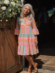 FJØRNA women's geometric tiered summer dress featuring a flowing silhouette and vibrant patterns, perfect for warm weather.