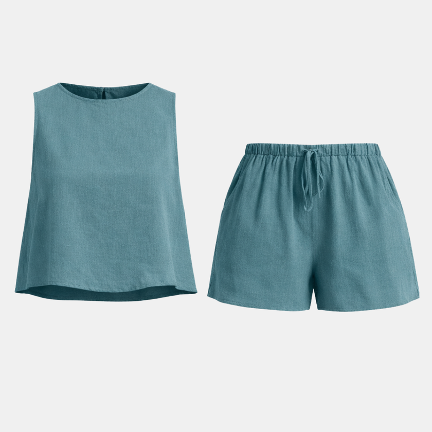 FJØRNA women’s sleeveless linen co-ord set featuring a relaxed fit top and matching wide-leg pants, ideal for casual summer wear.
