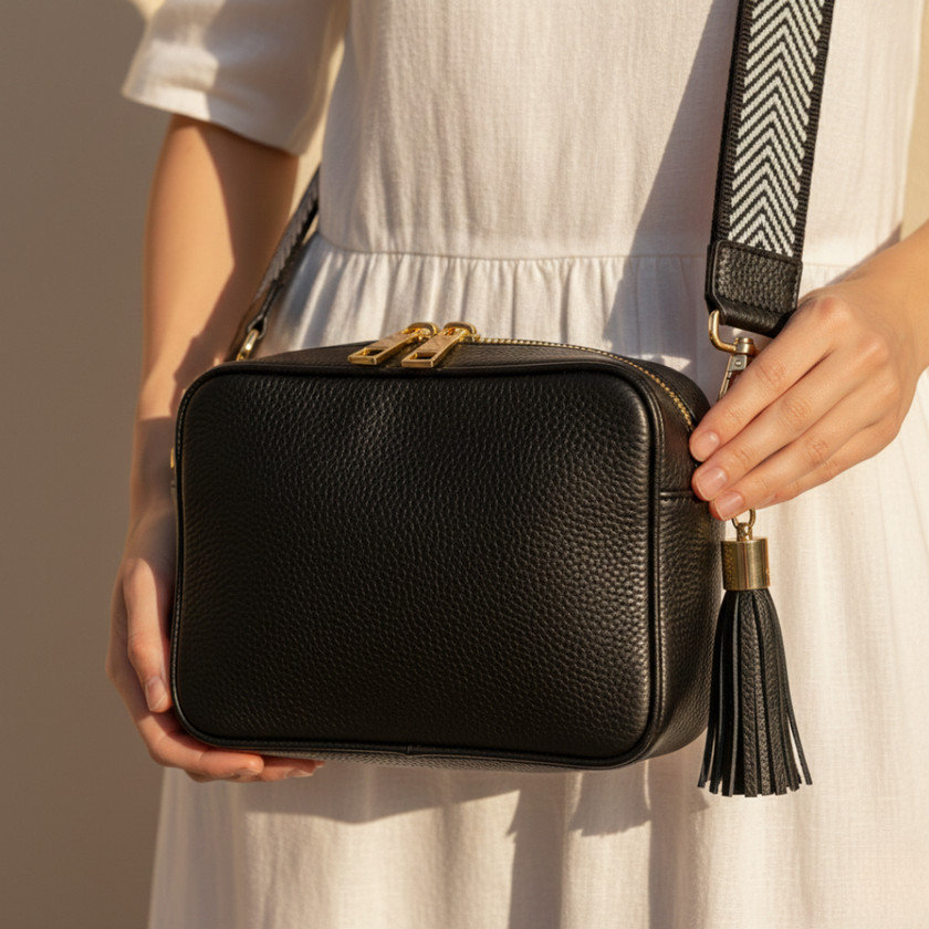 FJØRNA leather chevron strap genuine crossbody bag for women with stylish design and adjustable strap, made from high-quality leather.